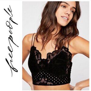 Free People Madonna Bralette Bra Strappy Lace Smocked Velvet Velour Black Large